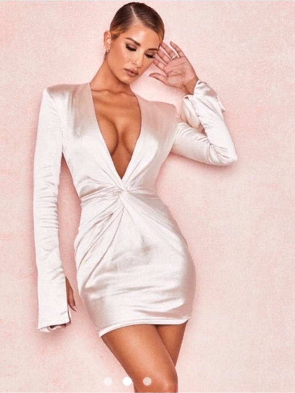 Satin Twist-Front Plunge Mini Dress - Cream